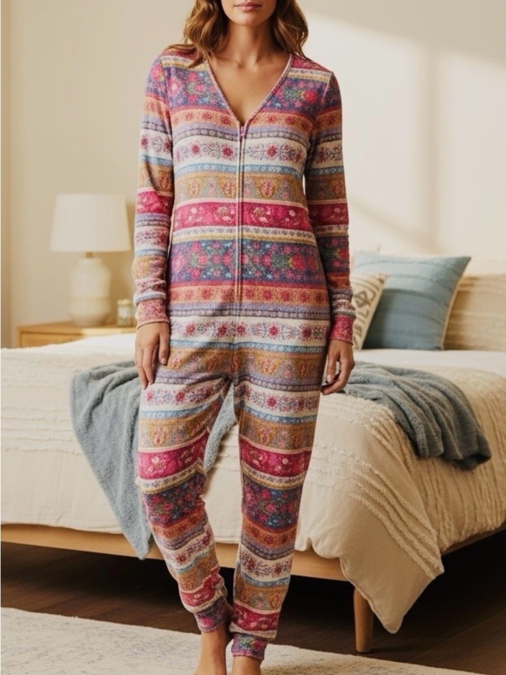 Natural Life Womens Small One Piece Jumpsuit Fleece Pink Floral
Boho Pajamas